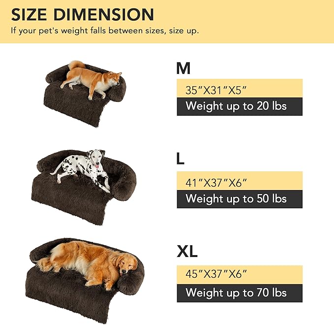 Codi Dog Bed for Couch - Calming Dogs Beds for Large Pets, Fluffy Plush Cats Mat, Anti Anxiety Pet Mats with Removable Washable Cover Protector for Sofa, Ash Brown, 41x37x6 inches