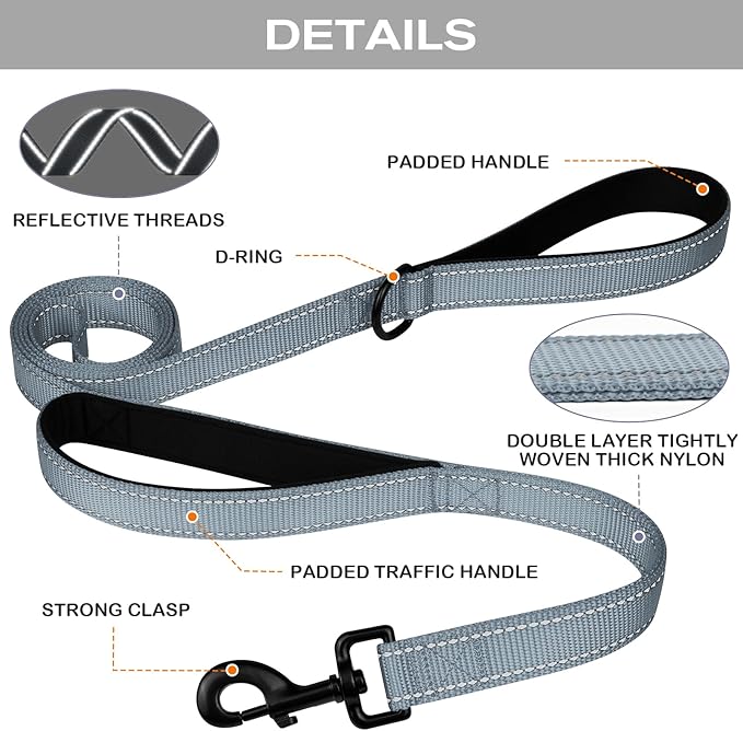 Joytale Dog Leash Heavy Duty for Large Dogs That Pull, Double Handle for Traffic Control, Double-Sided Reflective Leashes for Large Medium Dogs Night Safety, 6FT, Gray