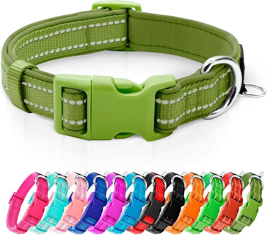 azuza Reflective Dog Collar, Soft Neoprene Padded Pet Collar with ID Tag Ring, Adjustable for Puppy and Small Dogs,Army Green,XS