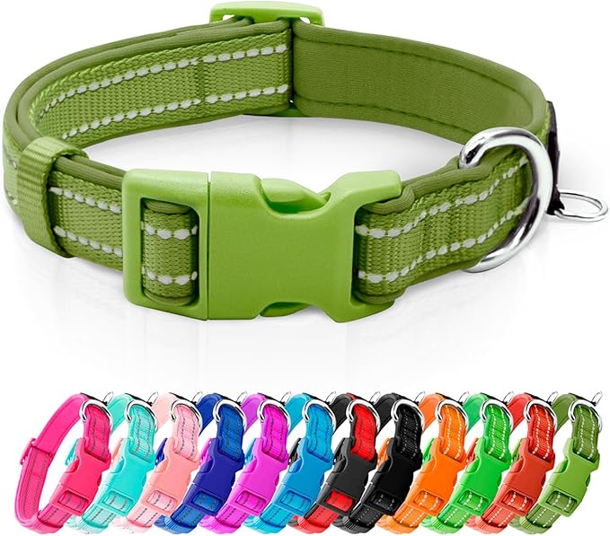 azuza Reflective Dog Collar, Soft Neoprene Padded Pet Collar with ID Tag Ring, Adjustable for Large Dogs,Army Green,L