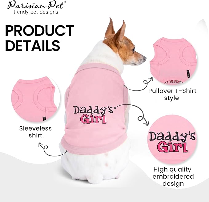 Parisian Pet Dog T-Shirt with Embroidered 'Daddy’s Girl' Words - 100% Cotton, Breathable Sleeveless Girl Dog Clothes - Machine Washable Clothes for Medium-Sized Dogs, M