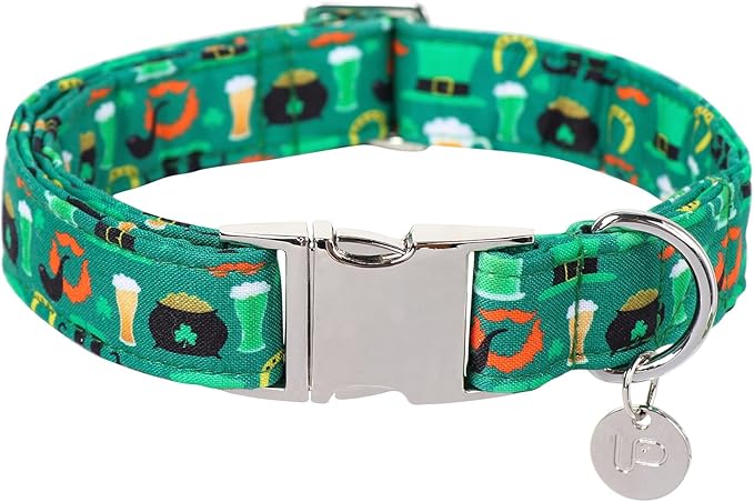 St. Patrick's Dog Collar, Cotton St. Patricks Clover Collar for Puppy Girl Boy Dog or Cat, Lucky Shamrock Dog Collar with Metal Buckle, Green, Spring, S