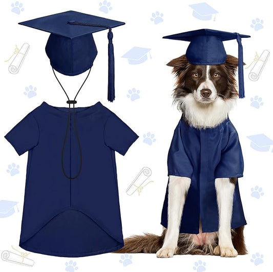 Xuniea 2 Pcs Dog Graduation Costume Set 2025 Dog Graduation Cap and Gown Puppy Hat with Tassel Matte Pet Grad Outfit Cats Grad Bear Holiday Party Costume Accessory (Navy Blue,Large)