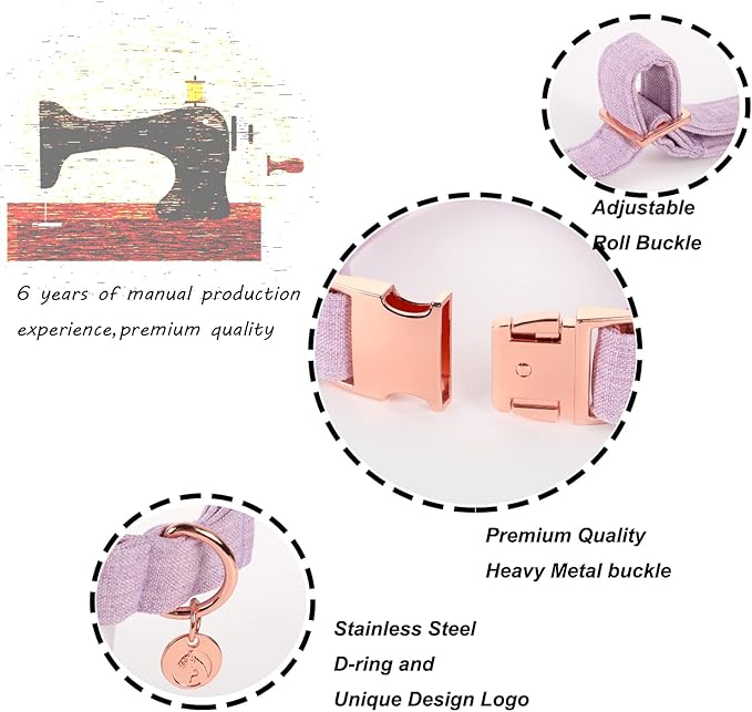 DOGWONG Cotton Dog Collar with Bow, Purple Pet Collar Durable Adjustable Puppy Dog Collar for Small Medium Large Dogs