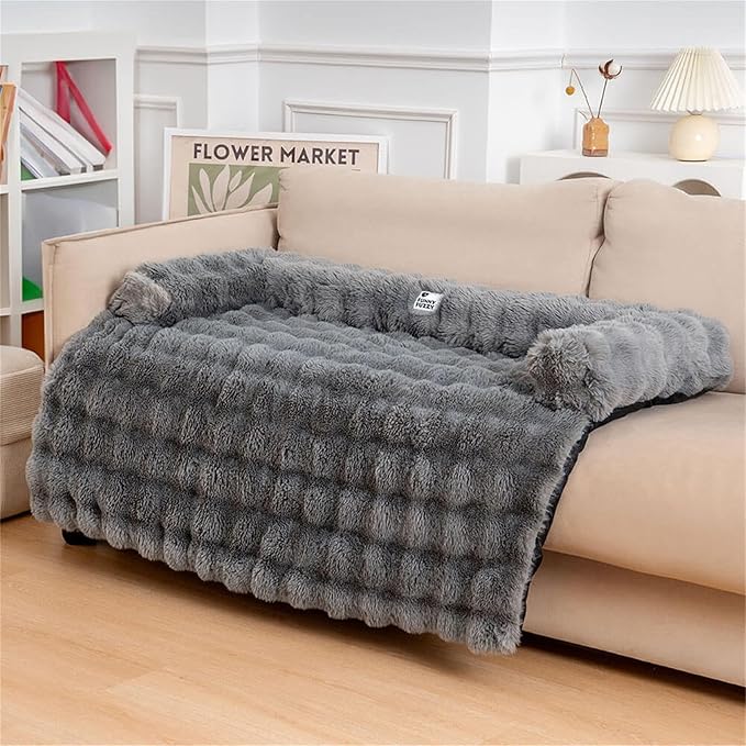 FUNNYFUZZY Calming Dog Bed Mat, Fluffy Fuzzy Couch Cover for Sofa, Furniture Protector with Removable Washable Cover for Medium Small Dogs and Cats (Grey,47.24 × 37.4 × 6.3 in)