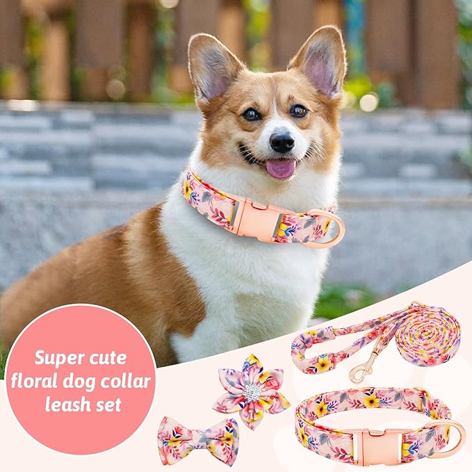 Dog Collar and Leash Set Girls Adjustable Puppy Collars with Floral Bow Tie for Small Medium Large Female Dogs, Pink Flower, M