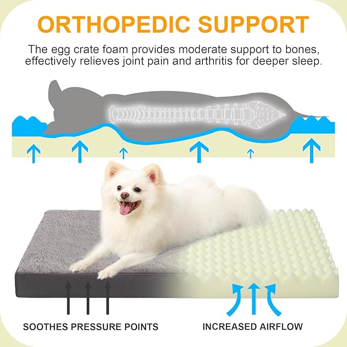 KSIIA Orthopedic Dog Bed Dog Crate Bed Waterproof Dog beds for Medium Dogs Deluxe Plush Washable Dog Bed with Egg Crate Foam & Removable Cover, 29 x 18 Inch, Dark Gray