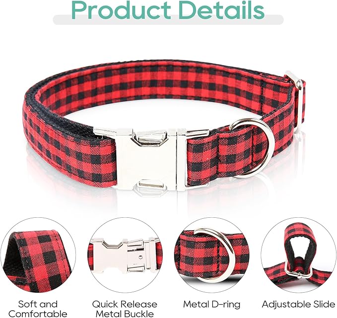 Timos Dog Collar, Adjustable Soft Dog Collar for Small Medium Large Dogs, Patterned Puppy Collars with Quick Release Buckle for Boy and Girl Female Dogs (Black Red Plaid, Medium)