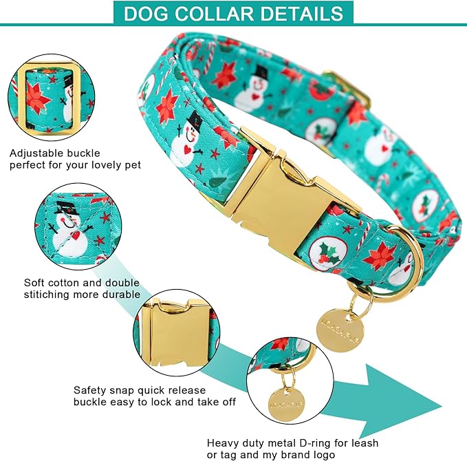 Christmas Dog Collar, Cotton Christmas Collar for Puppy Girl Dog or Cat, Green Dog Collar Flower with Durable Metal Buckle, Christmas Snowman Gift Pet Collar, M