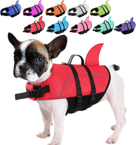 Queenmore Small Dog Life Jacket,Shark Dog Life Vest for Swimming,Puppy Light Life Preserver for Boating Kayaking Canoeing,Pet Reflective Lifesaver with High Buoyancy,Rescue Handle,Leash Hook (Red,L)