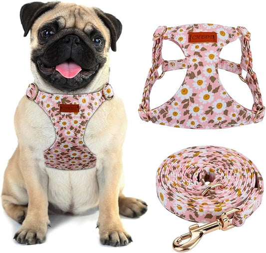 CHEDE No Pull Floral Pattern Dog Harness- Lightweight, Soft, Adjustable Small Harness and Leash Set, Suitable for Puppy Small and Medium-Sized Dog (S, Pink Daisy)