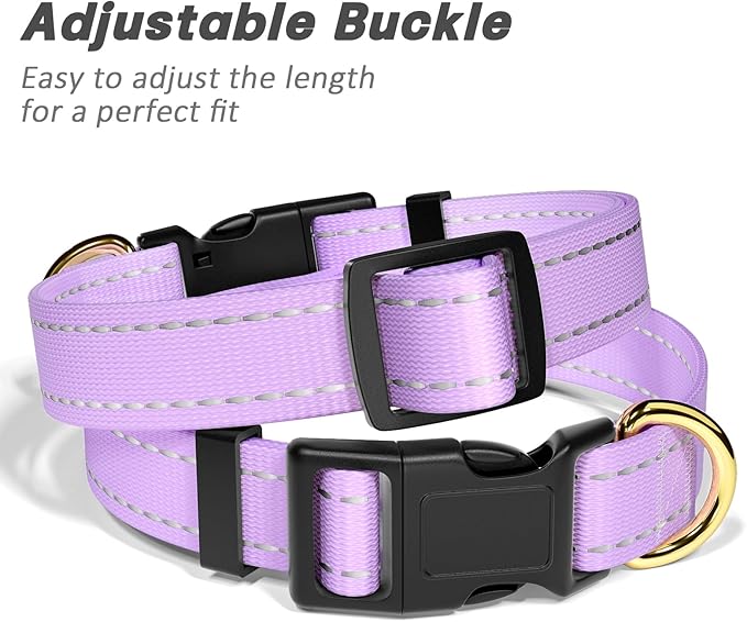 Reflective Dog Collar for Large Dogs, Cute Adjustable Heavy-Duty Nylon Puppy Collars for Boy and Girl Female, Soft Pet Accessories with Quick Release Buckle, Neck 16-24", Purple