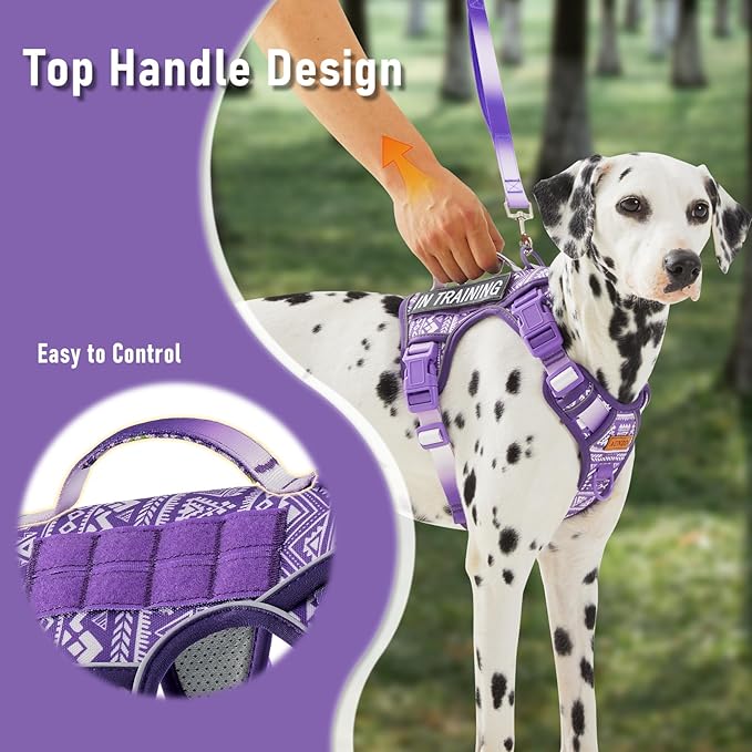 Service Dog Vest Harness with 2 Velcro Patches, No Pull Dog Harness for Walking Training Hiking, Metal D-Rings Easy on/Off Neck Buckle Reflective Strips Soft Padded Handle, Purple
