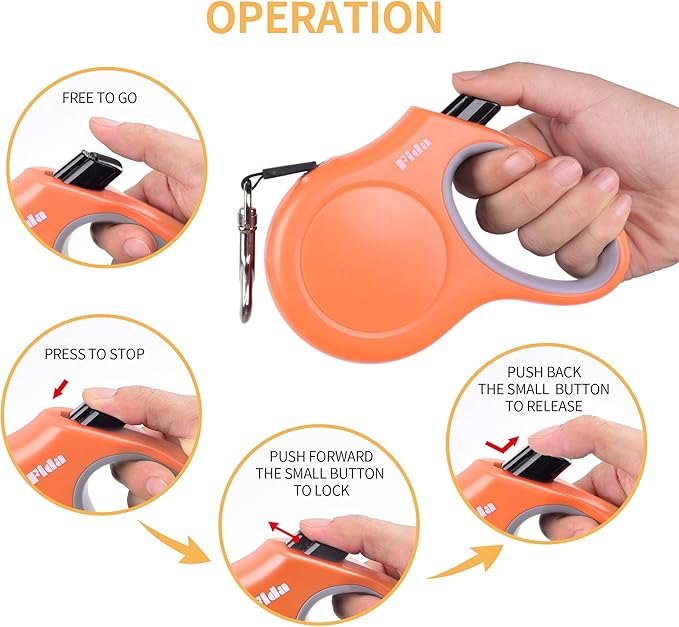 Fida Retractable Dog Leash, 16ft Heavy Duty Pet Walking Leash for Small Dog or Cat up to 26 lbs, Tangle Free. One-Hand Brake (Small,Orange)