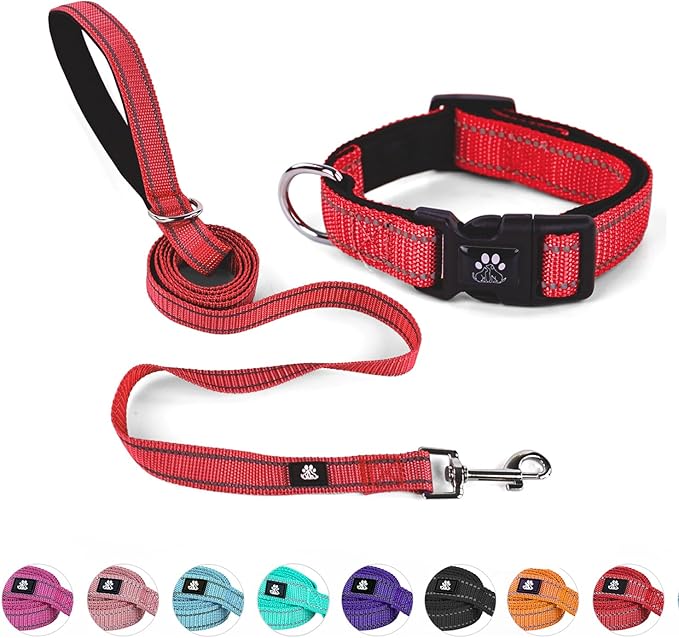 NESTROAD Reflective Dog Collar and Leash Set,Soft Neoprene Pet Collar with Quick Release Buckle,Adjustable Nylon Dog Collars for Small Medium Large Dogs(Small Collar + 5FT Leash,Red)