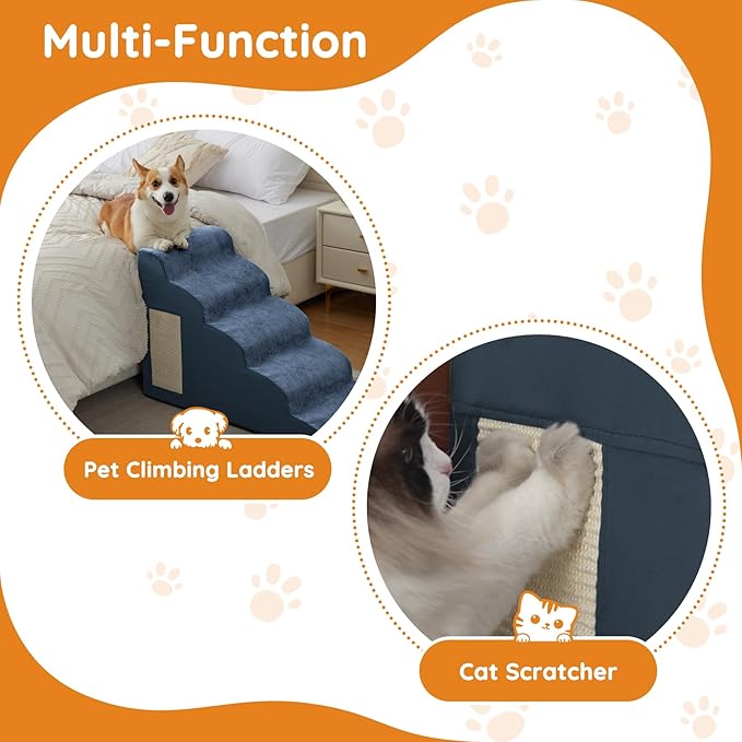 Pet Stairs for Small Dogs - 5-Step Curved Dog Ramp for Bed, Couch, Sofa, Car and Chairs - Non-Slip Bottom Design - Cat Scratching Board - High Density Foam Portable Pet Step - Navy