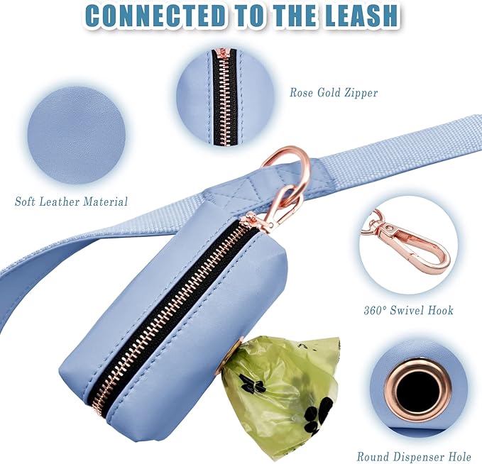 Soft Leather Dog Collar and Leash (6.6') Set - Stylish Rose Gold Heavy Duty Metal Buckle, 4 Adjustable Lengths Leash for Small Medium Large Dogs, Comfortable & Easy to Clean bluepurple Poop Bag Holder
