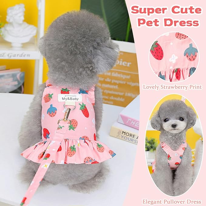 Small Dog Dress Harness and Leash Set Cute Princess Birthday Dog Dresses Soft Fruit Print Puppy Dresses Girl Dog Clothes for Small Dogs Cats Chihuahua Yorkie Shih Tzu (Pink Strawberry,L)