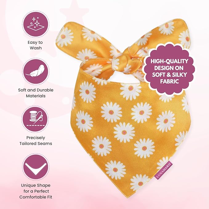 Luxury Pet Birthday Bandanas -Premium & Silky Poly Fabric | 100% Handmade | Custom Shape Dual Layered (Daisies, Medium)