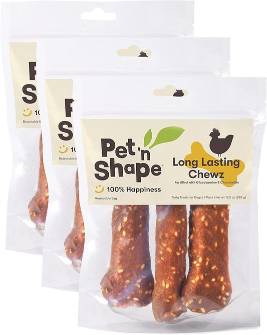 Pet 'n Shape Long Lasting Chewz Dog Treats - Chicken Wrapped Rawhide - 3 Bones, 6-Inch Long (Pack of 3)