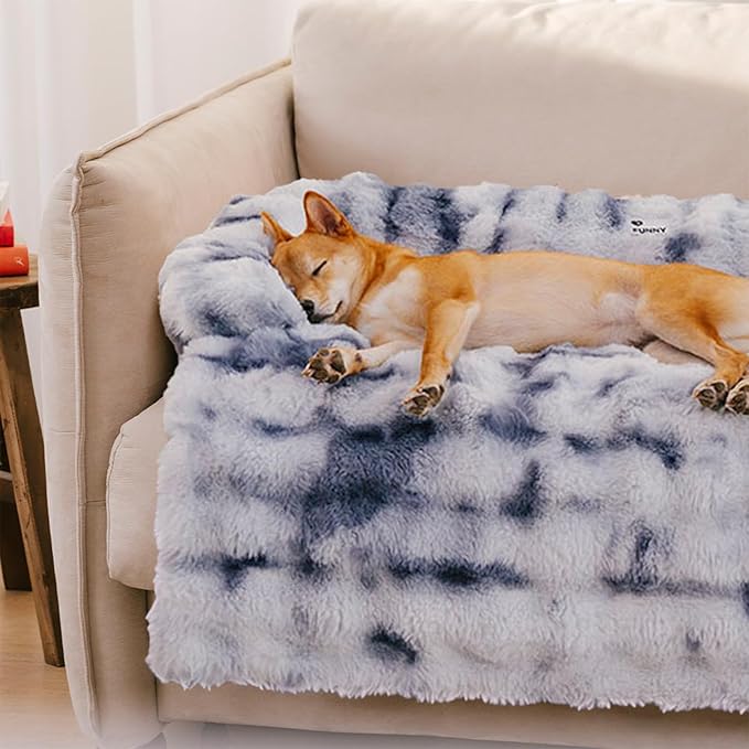 FUNNYFUZZY Calming Dog Bed Mat, Fluffy Fuzzy Couch Cover for Sofa, Furniture Protector with Removable Washable Cover for Large Medium Small Dogs and Cats (Tie-dye Blue,47.24 × 37.4 × 6.3 in)