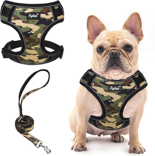 PUPTECK Dog Harness and Leash Set for Small Medium Dogs No Pull, Soft Mesh Adjustable Puppy Cat Harness Reflective at Night, Camouflage M