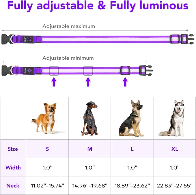 VIZPET LED Dog Collar, Light Up Dog Collar Adjustable USB Rechargeable Super Bright Safety Light Glowing Collars for Dogs (Purple, X-Large[22.83-27.55 inch/58-70cm])