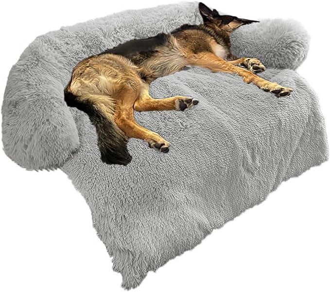 Calming Dog Bed Fluffy Plush Dog Mat for Furniture Protector with Removable Washable Cover for Large Medium Small Dogs and Cats (Large, Grey)
