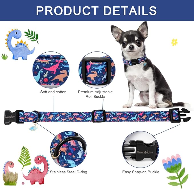 Unique style paws Dog Collar Plastic Buckle with Pendant Blue Dinosaur Park Puppy Collars for Small Medium Large Boys Girls Dogs