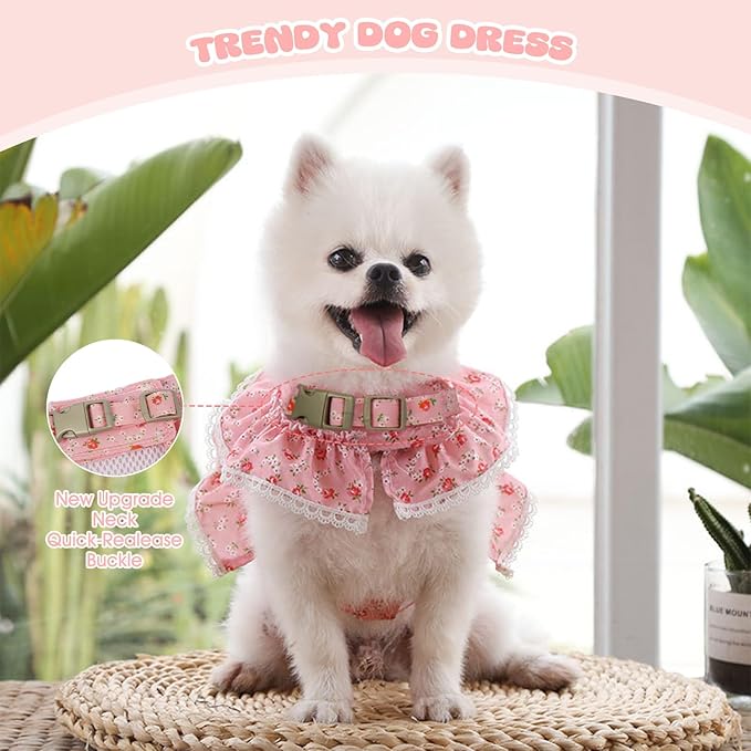 Dog Dress for Small Dogs,Cute Floral Girl Female Dog Dress Harness, Easy Walk Dogs Harness and Leash Set, Spring Summer Cat Puppy Outfit Clothes for Chihuahua Yorkshire, Pink L