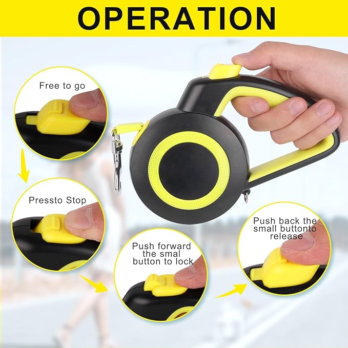 Retractable Dog Leash,Night Reflection,Light Weight Leash for Small to Dogs/Cats,Stainless Steel Spring,Strong Nylon Tape, One-Handed Brake (Black-Yellow)