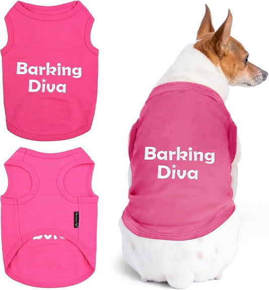 Parisian Pet Dog Tshirt - Embroidered “Barking Diva“ Girl Dog Clothes - Breathable and Lightweight Pet Vest - Sleeveless Pink Tee Shirts - Machine Washable Shirt for Medium Dogs - M