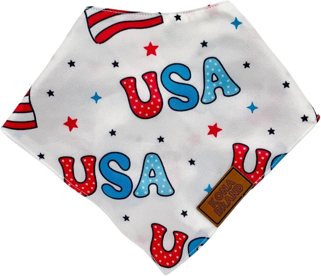KonaBrandCo- Premium Handmade Dog Bandana | Dual Layered Silky Durable Polyester Fabric | Adjustable Fit Custom Shape- Won't Roll (Small, TEDDY- USA FLAG)