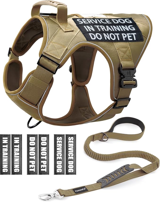 Reflective Service Dog in Training Vest Harness Leash Set for Extra Large Dogs, Adjustable Heavy Duty Brown Padded Dog Harness, with Front Clip and Metal Buckles Do Not Pet for Training, Hiking