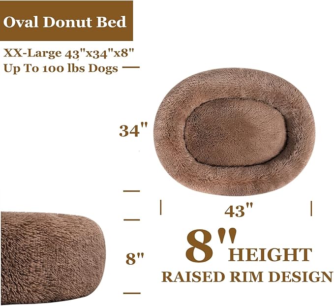 Coohom Oval Calming Donut Cuddler Dog Bed,Shag Faux Fur Cat Bed Washable Round Pillow Pet Bed(30"/36"/43") for Small Medium Dogs (XXL(43"x34"x8"), Camel)