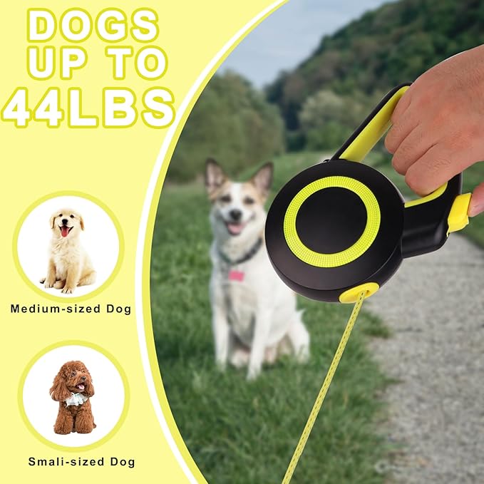 Retractable Dog Leash,Night Reflection,Light Weight Leash for Small to Dogs/Cats,Stainless Steel Spring,Strong Nylon Tape, One-Handed Brake (Black-Yellow)