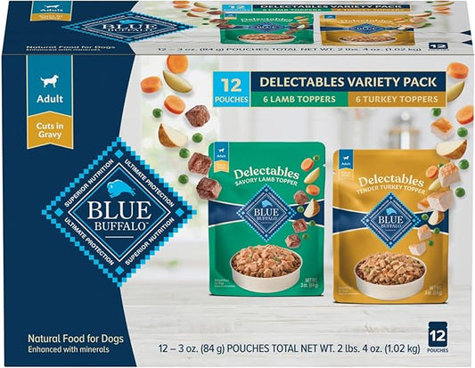 Blue Buffalo Delectables Natural Wet Dog Food Topper Variety Pack, Lamb & Turkey Dinner 3oz (12 Pack - 6 of Each Flavor)