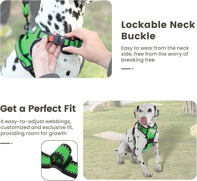 FURRYFECTION Dog Harness | No Pull Dog Harness | Reflective Oxford | Padded Handle | 4 Adjustable Straps | 2 Leash Clips | No Choke Pet Vest Harness for Small Medium Large Dogs | Green | XL
