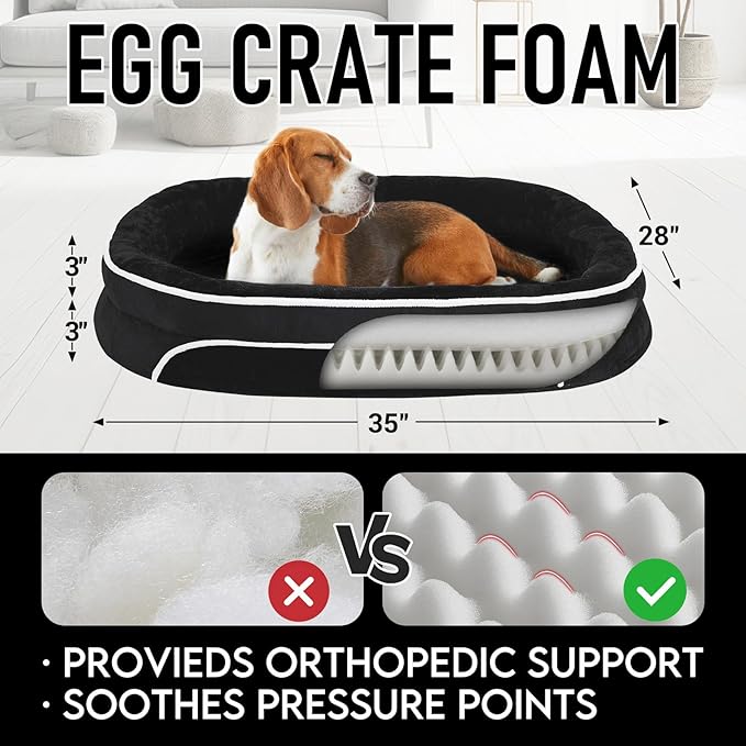 OhGeni Orthopedic Dog Couch Large Sized Pet Beds for Fathers Gifts with Comfort Foam Support, Soft Indestructible Fabric, Machine Washable Waterproof Removable Cover, 35-Inch (Black)