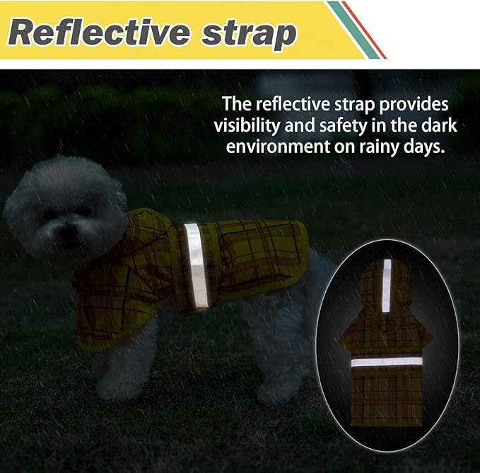 KOOLTAIL Dog Raincoat Hooded Slicker Poncho with Leash Hole, Raincoat for Small Medium Dogs, Waterproof Doggie Rain Jacket with Reflective Strip, Adjustable Breathable Plaid Puppy Rainwear-Yellow