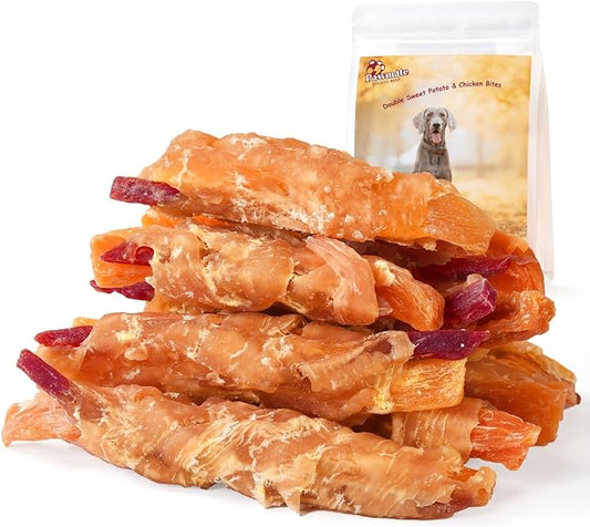 Dog Treats, Double Sweet Potato Chicken Jerky Wrapps Healthy Rawhide-Free Dog Treats Chicken Jerky Low Fat High Protein Snacks Chewy for Small Medium Large Dogs 12-15 Counts