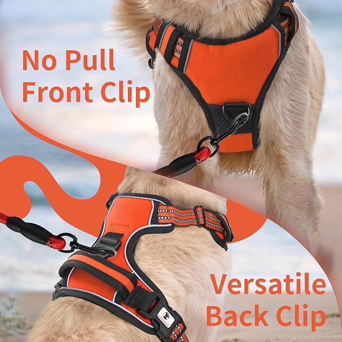 Dog Harness, No-Pull Pet Breathable Harness, Adjustable Soft Padded Dog Vest with 2 Leash Clips, Reflective No-Choke Pet, Easy Control Handle for Large Dogs, Orange, S