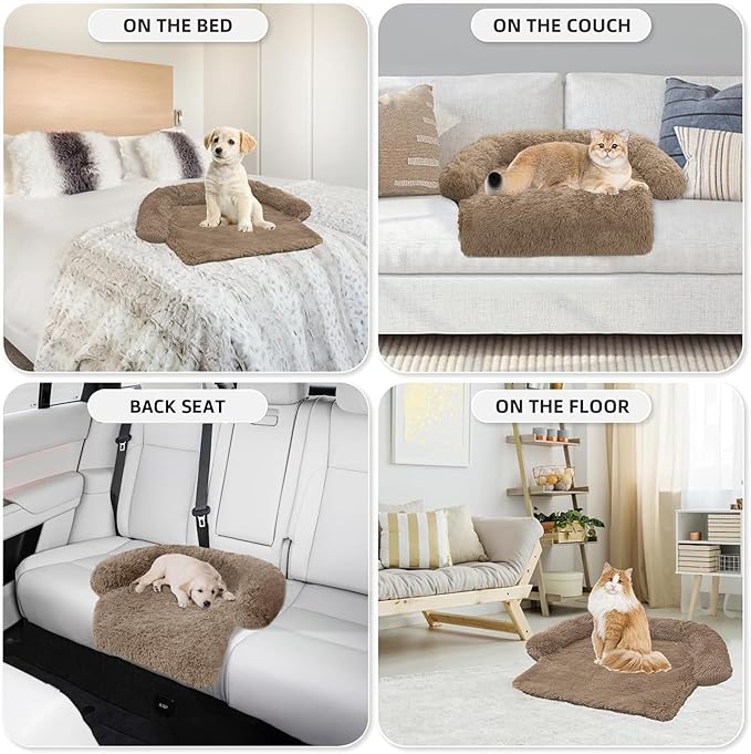 Calming Dog Bed Fluffy Plush Dog Mat for Furniture Protector with Removable Washable Cover for Large Medium Small Dogs and Cats (XS(31“x23.5”x5), Camel)