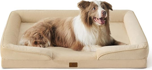 Bedsure Orthopedic Dog Bed for Large Dogs - Big Washable Dog Sofa Beds Large, Supportive Foam Pet Couch Bed with Removable Washable Cover, Waterproof Lining and Nonskid Bottom, Light Khaki