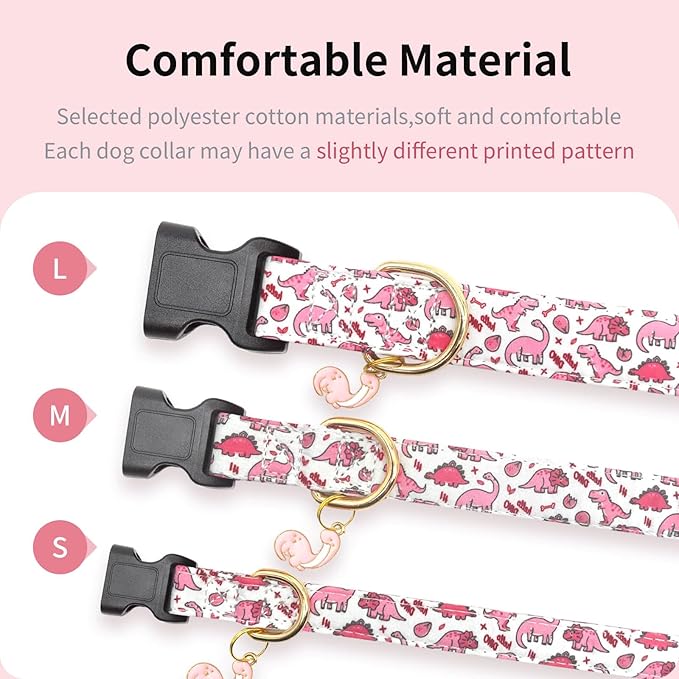 Cotton Dog Collar,Soft and Cute Puppy Collars with Pink Dinosaur Patterned Design for Girl Female Boy Dogs,Adjustable Buckle Pet Collar for Small Medium Large Dogs (Pink Dinosaur, L)