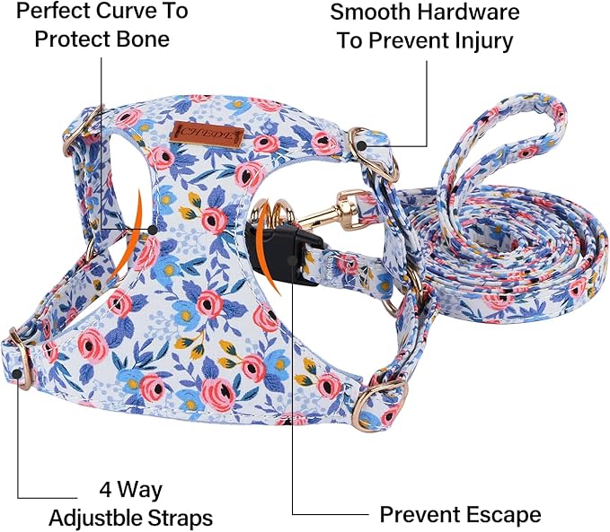 CHEDE No Pull Floral Pattern Dog Harness- Lightweight and Soft Dog Harness, Adjustable Small Dog Harness and Leash Set, with Dog Leash, Suitable for Puppy Small and Medium-Sized Dog (S, Blue Rose)
