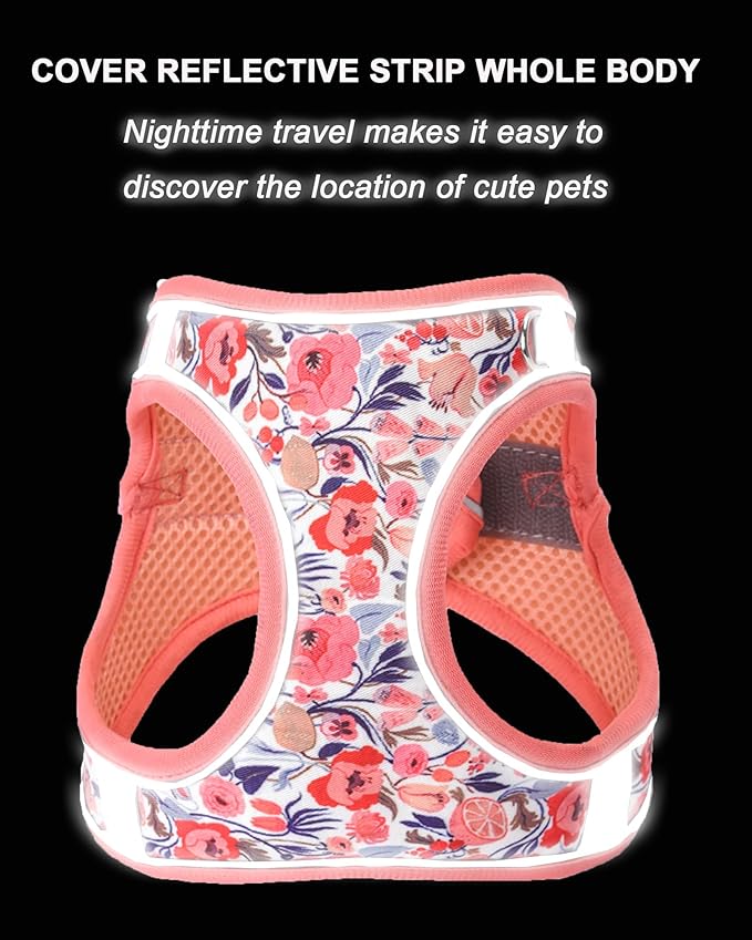 XS Peach Flower Pattern Dog Harness and Leash Set,No Escape Puppy Harnesses for Training Walking，Breathable Adjustable Puppy Vest for Small Medium Dogs, Cats (Peach, XS)