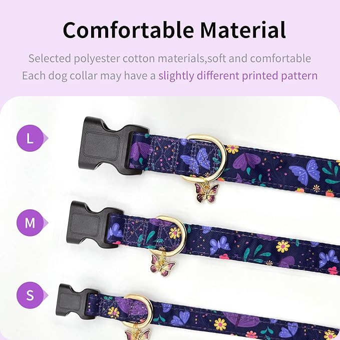 Dog Collars with Buckle Adjustable for Cute Girl Female Boy Dogs,Special Soft and Fancy Dog Pet Collar with Flower Design for Small Medium Large Dogs (Medium, Purple Butterfly)