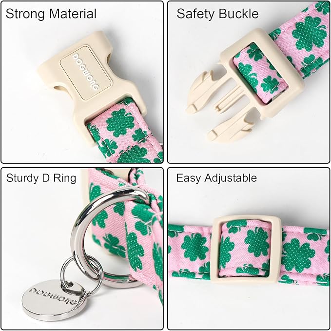 DOGWONG St. Patrick's Day Dog Collar, Pink Lucky Clover Shamrock Dog Collar Soft Durable Adjustable Costume Lucky Charm Puppy Collar for Small Medium Large Dog