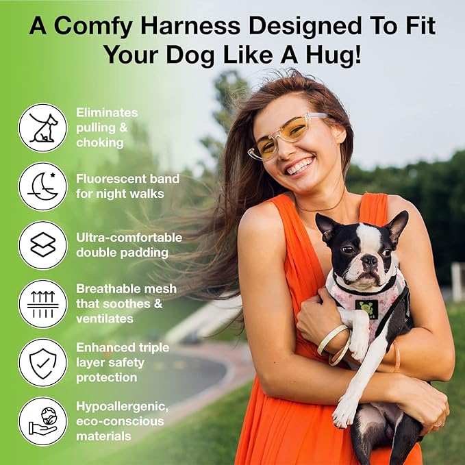 EcoBark Step in Dog Harness - Eco-Friendly Dog Harnesses for for Small & Medium Breed Dogs - Reflective and Adjustable Chest Body Halter Vest -Soft Luxurious Mesh (Floral, XL)